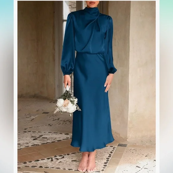 Satin Blouson Midi Dress - Picture 2 of 12